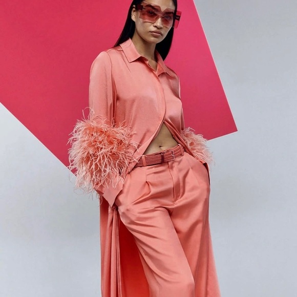 Lapointe Feather-trimmed Satin Midi Shirt Dress - Picture 5 of 12